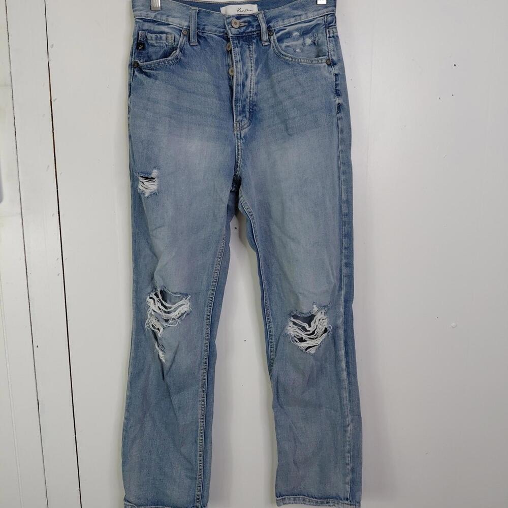 Kancan Jeans Womens 25 High Rise Straight Leg Light Wash Distressed Ripped Knee